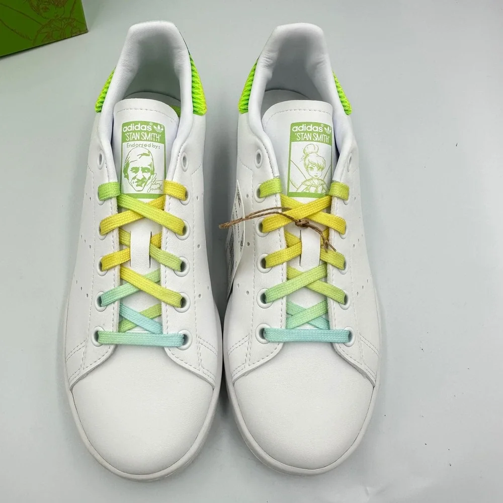 Adidas Stan Smith J FX5998 Kids Disney Tinkerbell White Rainbow Lace Shoes Sz‎ 5